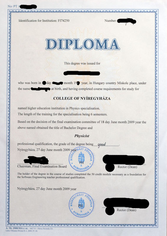 angol nyelvű diploma